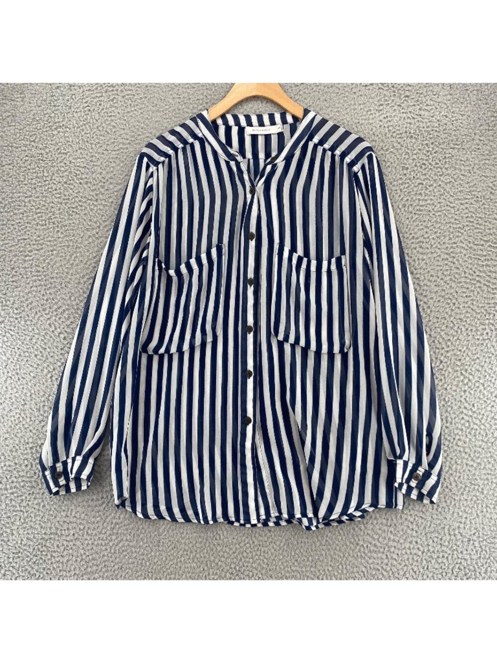 MINKPINK Top Womens Small Navy Striped Button Up Long Sleeve Collared Pockets*